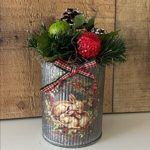 Festive Holiday Galvanized Tin with Bunnies and Red and Green Accents